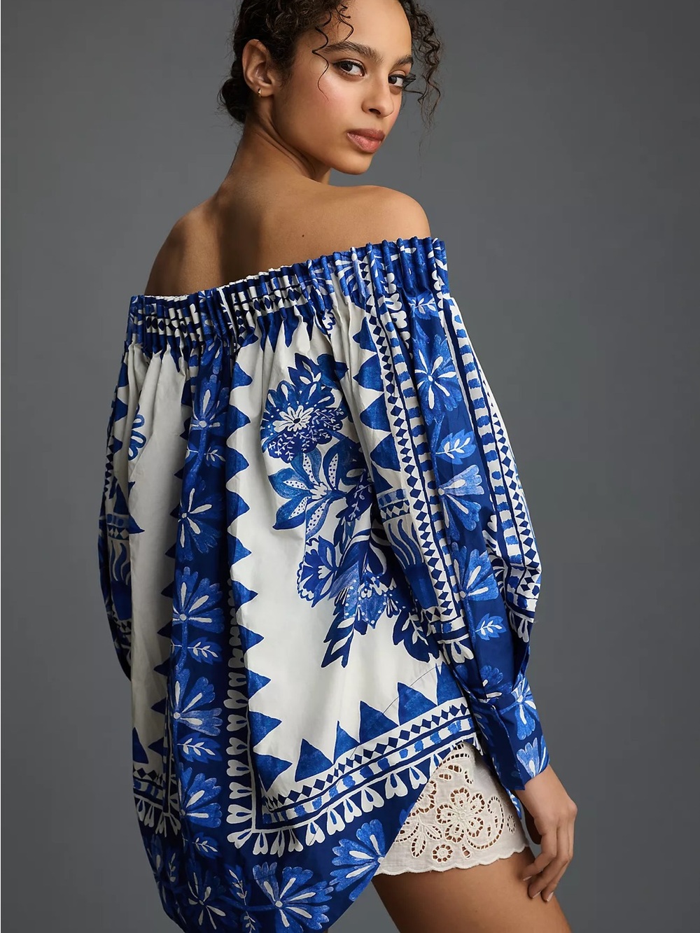 Farm Rio NWT Off-Shoulder Blue & White Floral Peasant Top Medium - Picture 3 of 3